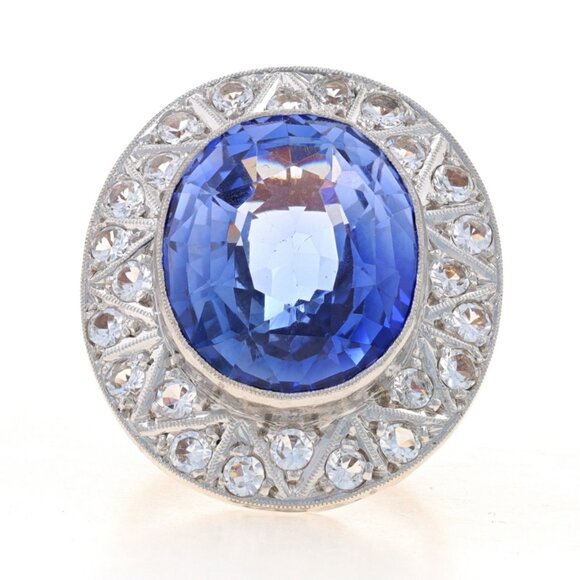 White Gold Lab-Created Sapphire Lab-Created Spinel Vintage Halo Ring 10k17.26ctw